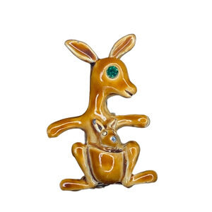 Vintage Brown Enamel Rhinestone-Eye Kangaroo‎ Joey Brooch Pin OS
